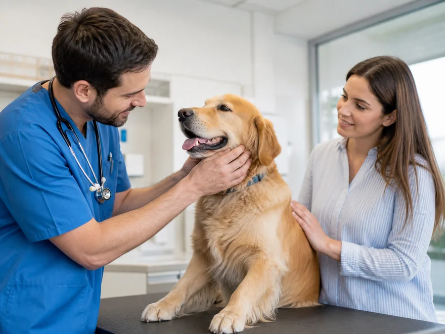 Un vétérinaire examine un chien auprès de sa propriétaire.