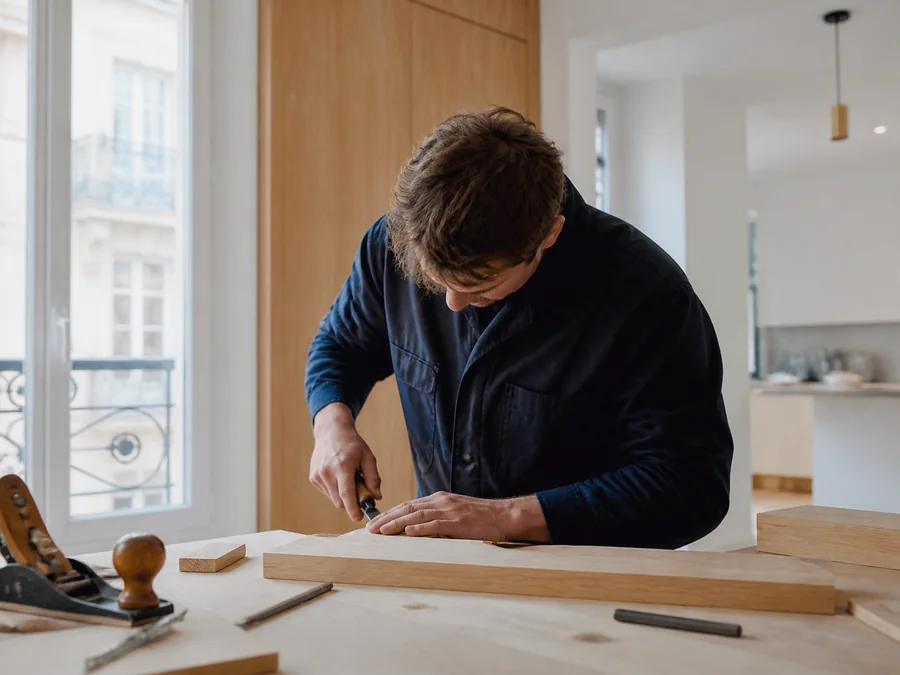 Un artisan travaille le bois dans un logement en rénovation.