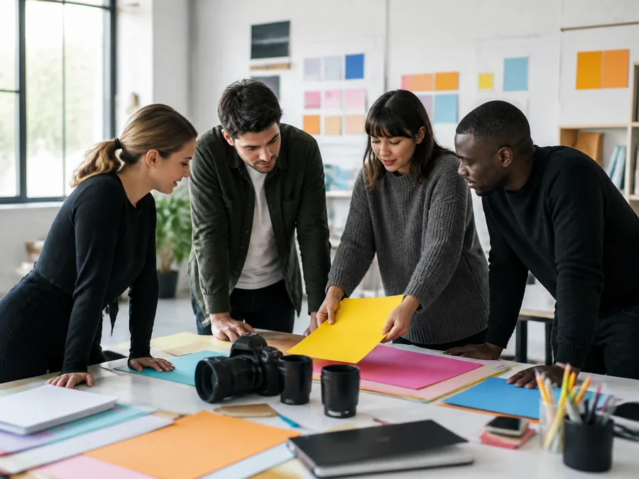 Une équipe de communication prépare un projet créatif en studio.