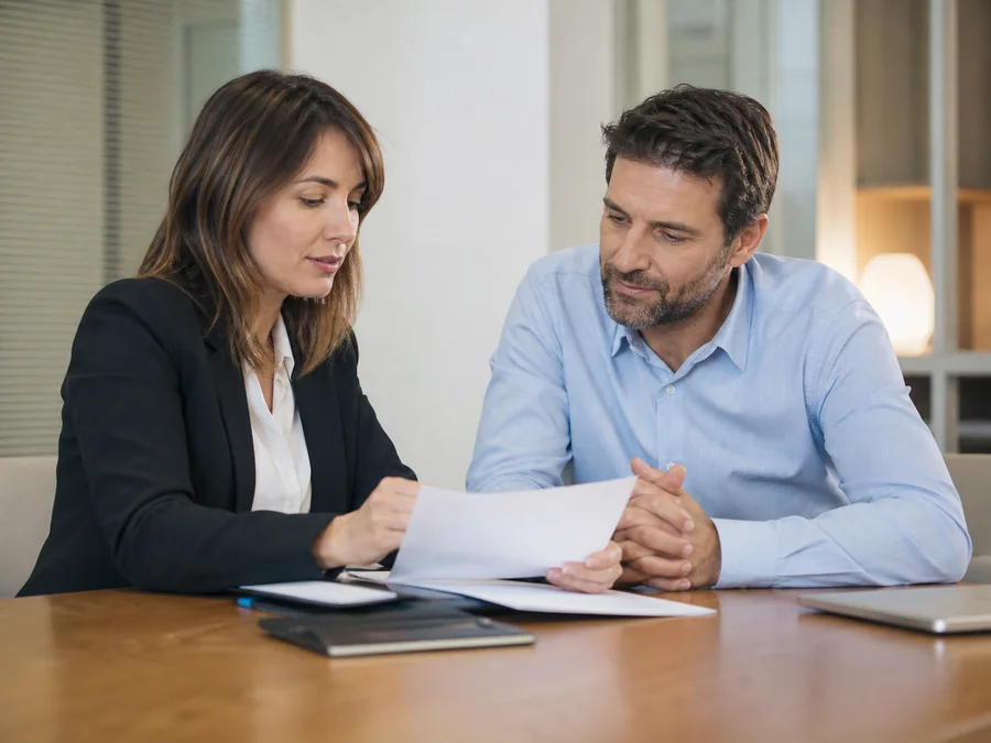 Une conseillère examine un document avec son client dans un bureau.