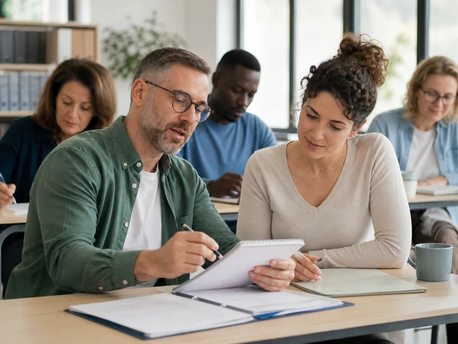 Un formateur accompagne une participante pendant une séance de formation pour adultes.