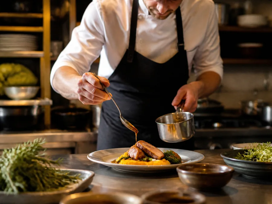 Un chef prépare une assiette dans la cuisine d’un restaurant indépendant.