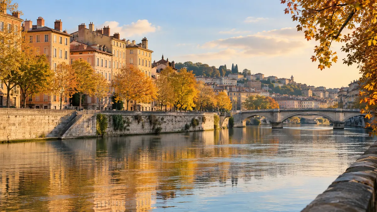 Vue illustrative générée par IA : rivière et façades d’automne inspirées de Lyon.