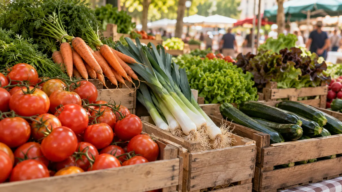 Illustration générée par IA : légumes frais dans des cagettes sur un étal de marché.