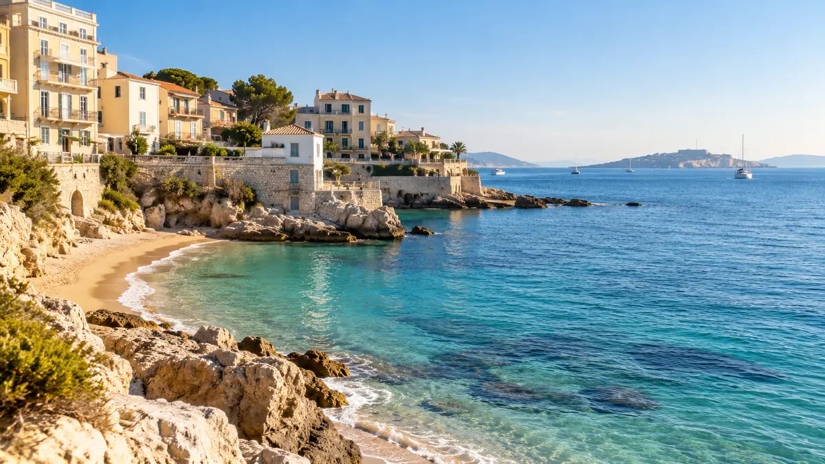 Vue illustrative générée par IA : littoral méditerranéen inspiré de Marseille.