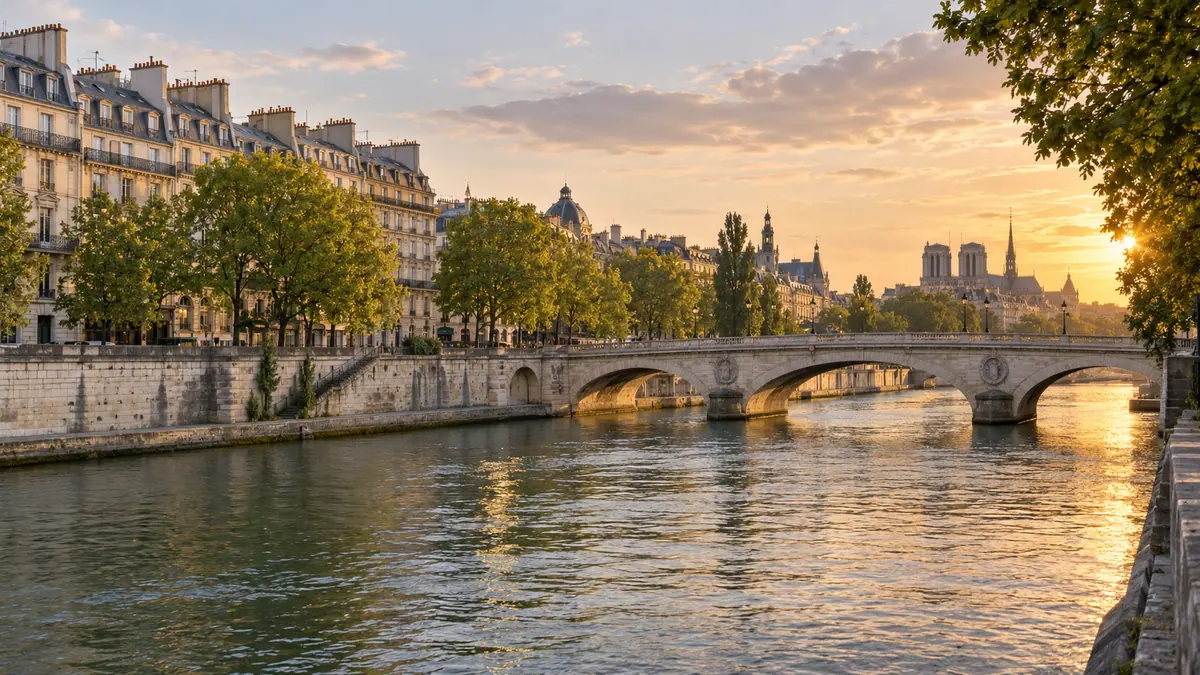 Vue illustrative générée par IA : rivière, quais et façades inspirés de Paris.